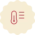 Red icon on a cream-colored background, representing a thermometer with a set of three straight lines on the right.