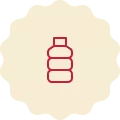 Red icon on a cream-colored background, representing a bottle of soda.