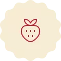 Red icon on a cream-colored background, representing a strawberry.