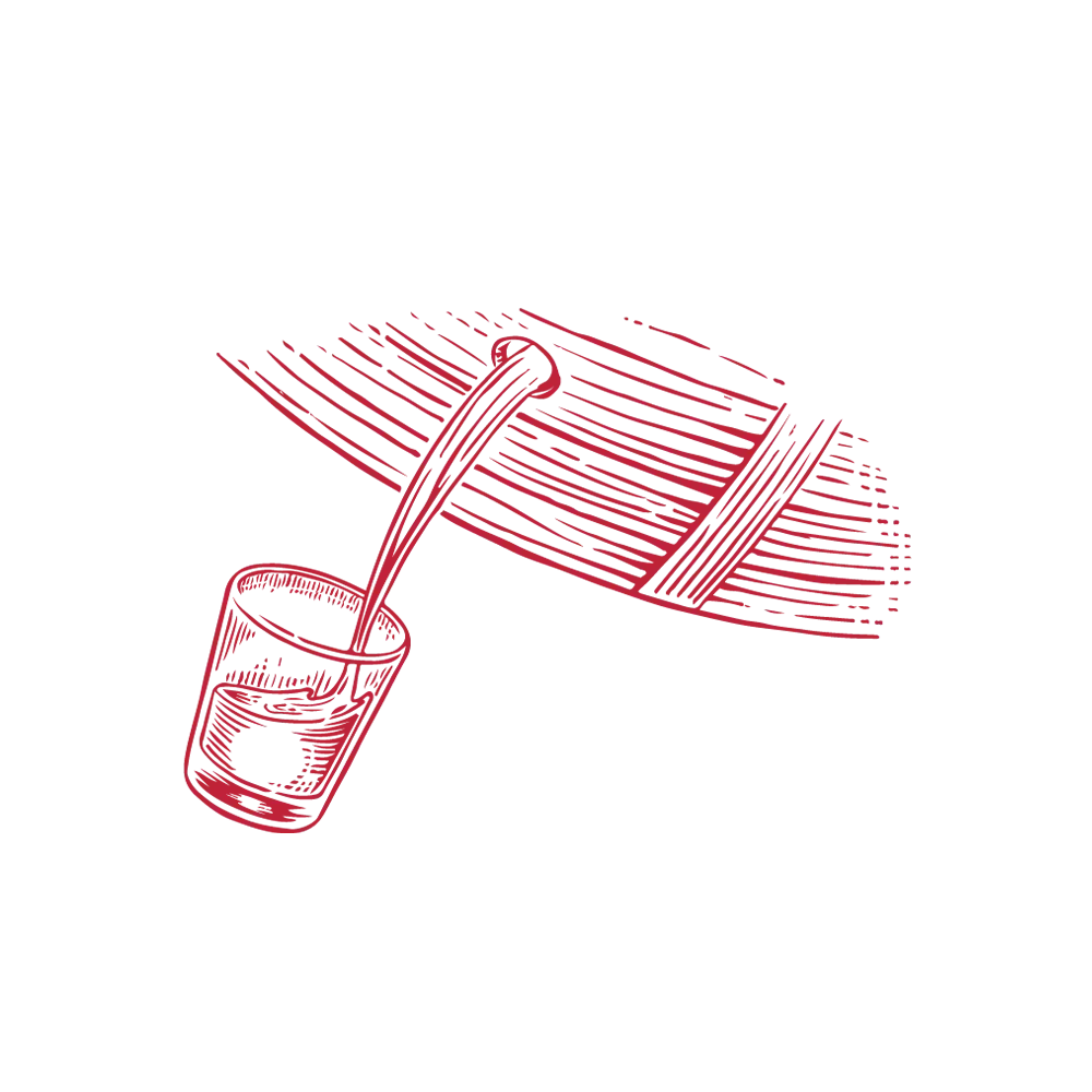 An abstract red and grey illustration of a stylized glass with a fading, horizontal line, symbolizing a long finish for Whisky Maker's Mark