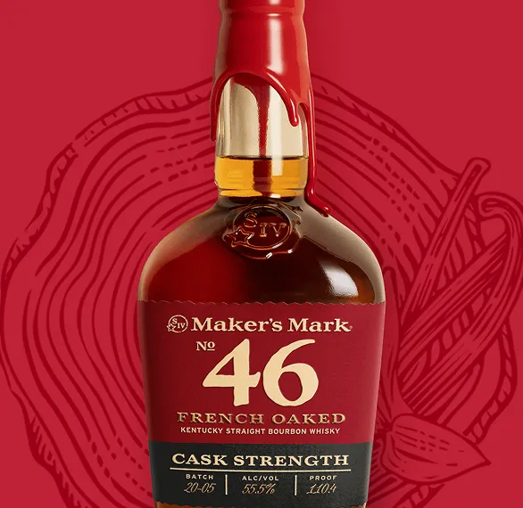 A bottle of Maker's Mark No. 46 French Oaked bourbon whiskey against a red background, with a wax seal and detailed label.