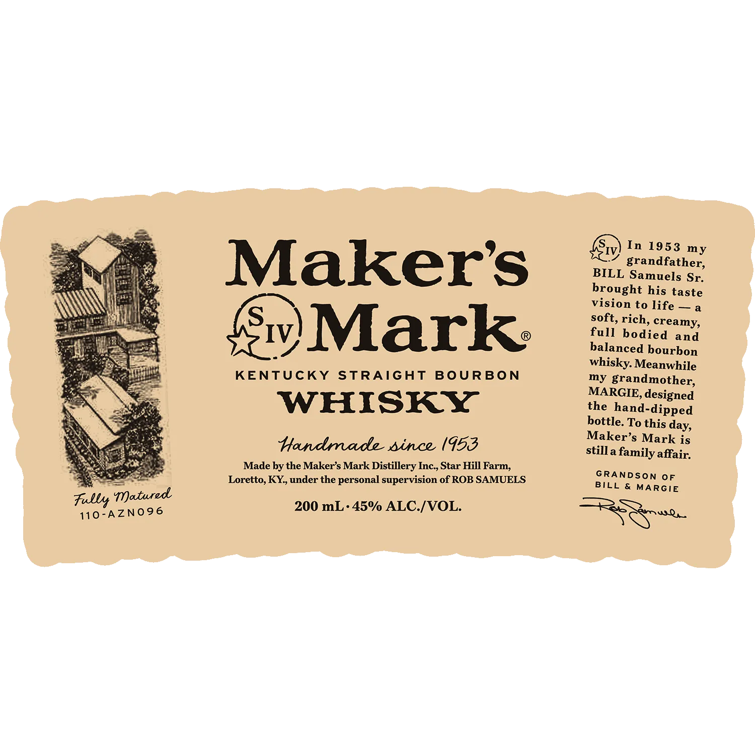 Label for Maker's Mark Bourbon depicting distillery illustration, branding, and historical details about the family behind the product.