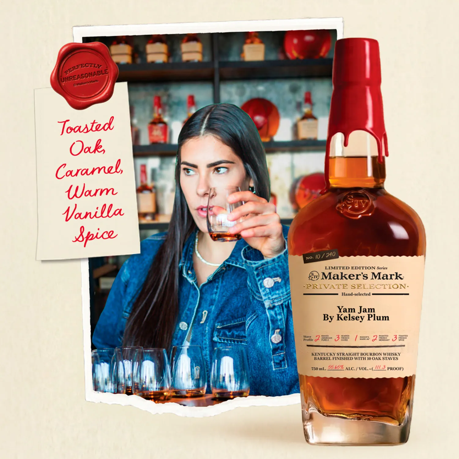 A digital collage featuring Kelsey Plum sampling bourbon from a glass alongside a prominent bottle of "Yam Jam," with a handwritten note highlighting flavors of toasted oak, caramel, and warm vanilla spice, Whisky Maker’s Mark.