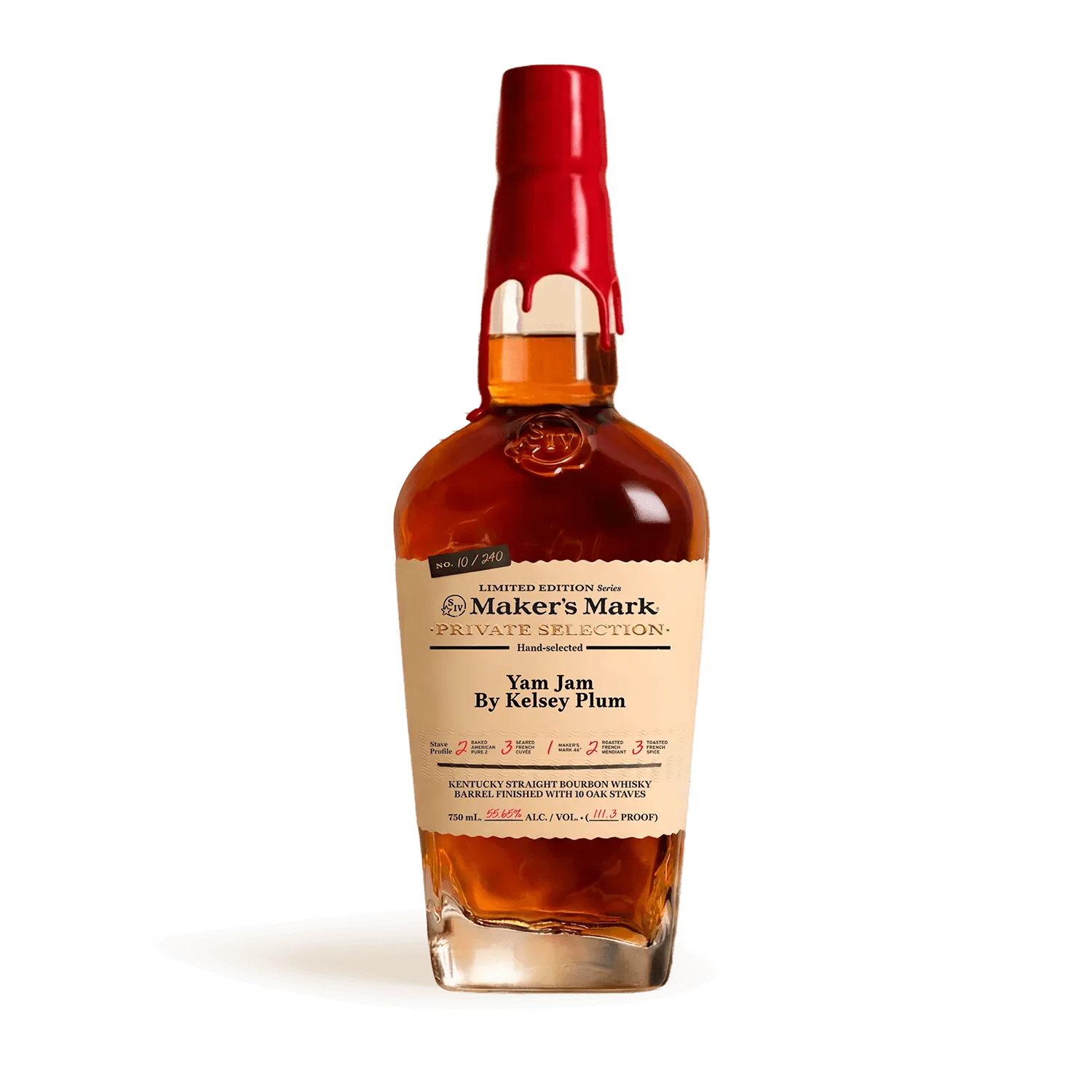 A studio shot of a "Yam Jam by Kelsey Plum" Private Selection bourbon bottle, featuring the iconic red wax seal and a custom label detailing a unique stave profile and 111.3 proof Whisky Maker’s Mark.