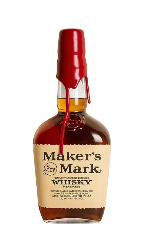 A photo of the classic Maker's Mark bourbon whisky bottle.  