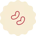 Red icon on a cream-colored background, representing two beans.
