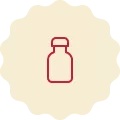 Red icon on a cream-colored background, representing a bottle of sauce.