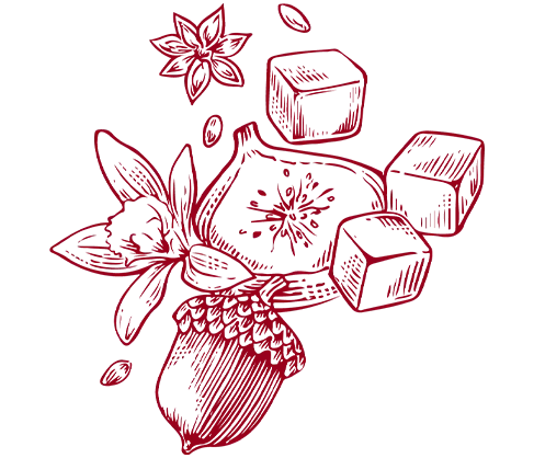 An illustration of spices used in the Wood Finishing series distilling process in red. There are sugar cubes, vanilla flowers, an acorn and some spices. 