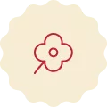 Red icon on a cream-colored background, representing a flower.