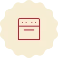 Red icon on a cream-colored background, representing an oven.
