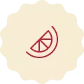 Red icon on a cream-colored background, representing a slice of lemon.