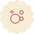 Red icon on a cream-colored background, representing bubbles.