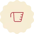 Red icon on a cream-colored background, representing a measuring cup.