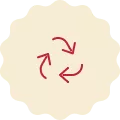 Red icon on a cream-colored background, representing the recycle symbol.