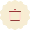 Red icon on a cream-colored background, representing a stock pot.