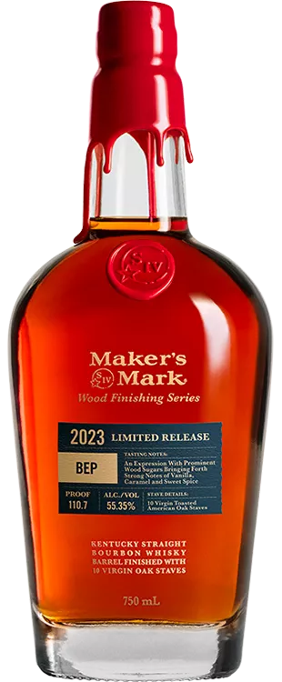 A photo of the classic Maker's Mark Wood Finishing series bourbon whisky bottle.  