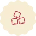 Red icon on a cream-colored background, representing a set of three ice cubes.