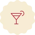 Red icon on a cream-colored background, representing a cocktail drink.