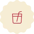 Red icon on a cream-colored background, representing a whisky glass with a straw. 