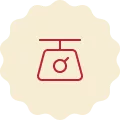 Red icon on a cream-colored background, representing a kitchen scale.