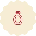 Red icon on a cream-colored background, representing a bottle of syrup.