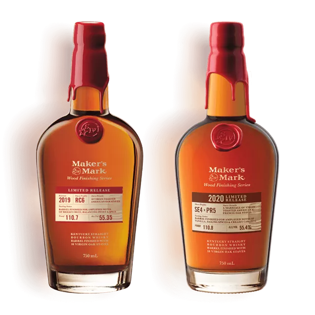 A photo of Maker’s Mark Wood Finishing Series 2019 & 2020 Releases Bottles