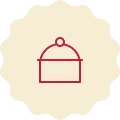 Red icon on a cream-colored background, representing a cooking pot.