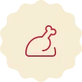 Red icon on a cream-colored background, representing a cooked chicken.