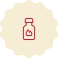 Red icon on a cream-colored background, representing a bottle of hot sauce.
