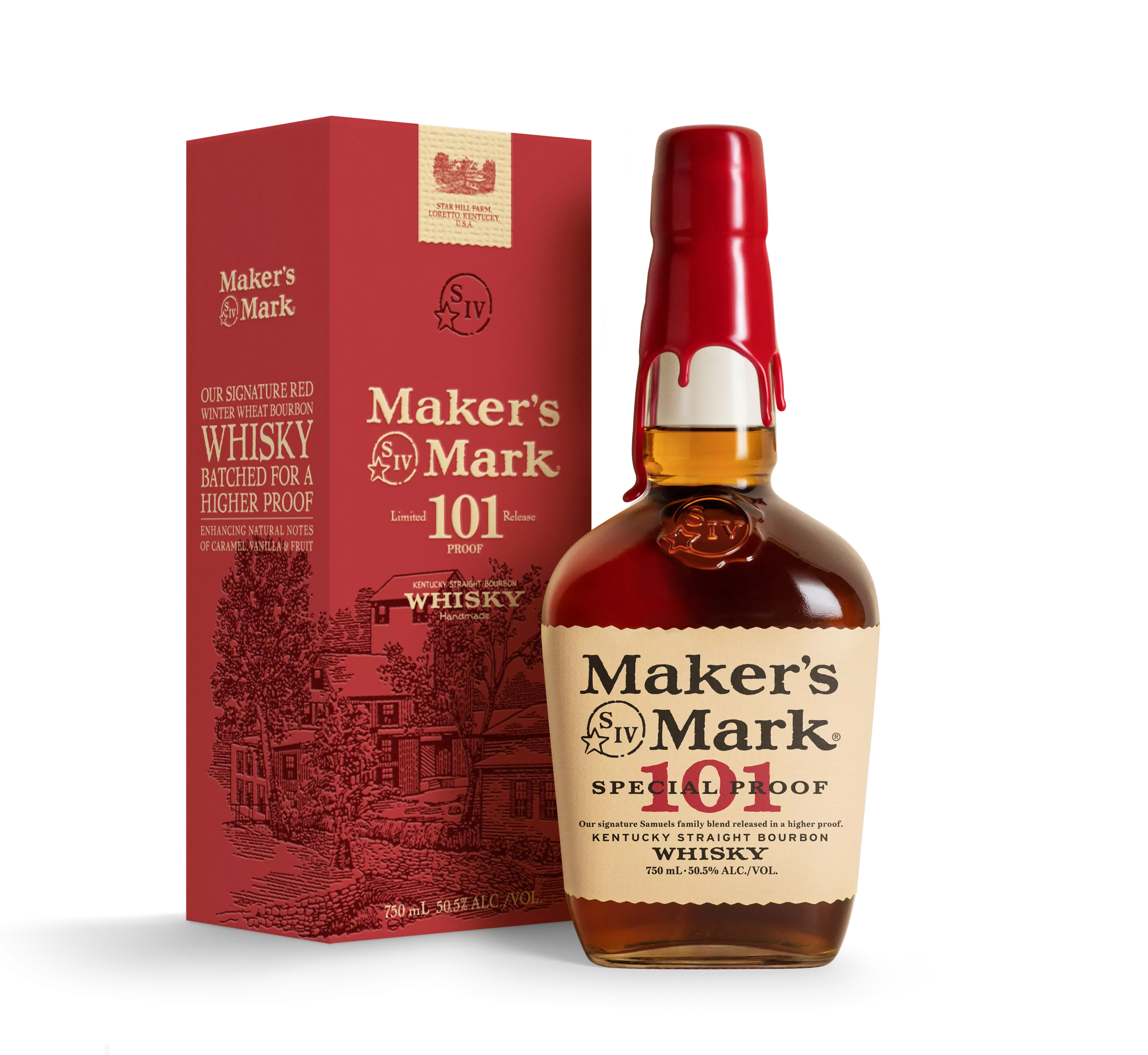 Bottle of makers mark 101 next to gifting box